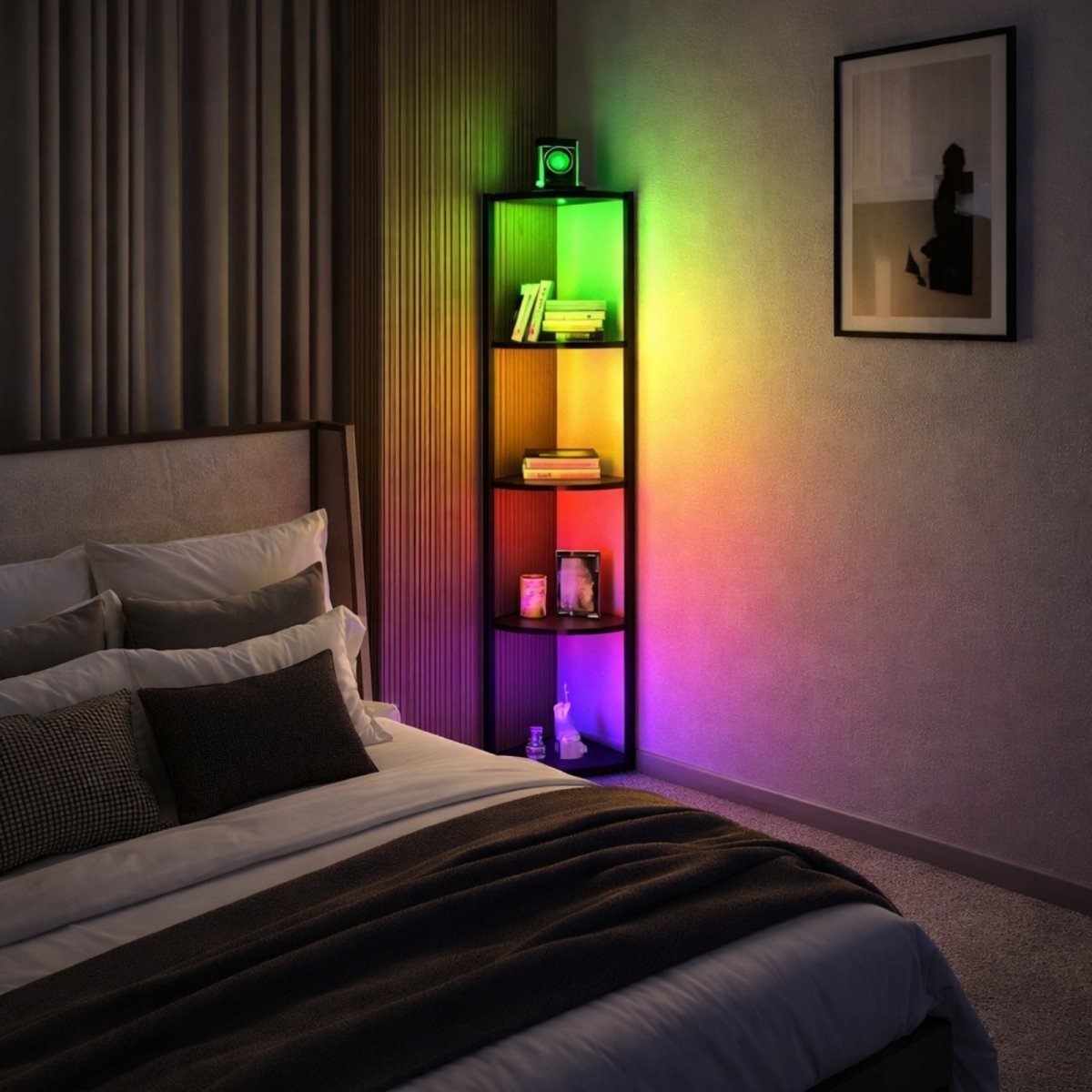 Technical diagram of Kouvr LED shelf showing 64-inch height, 16.4-inch width, and 60lb total weight capacity with model for scale.
