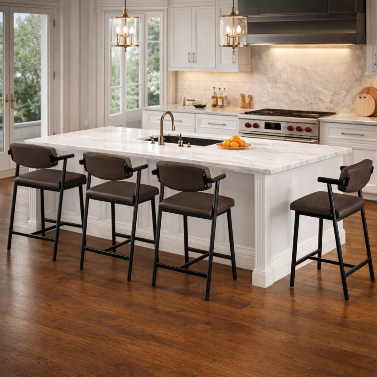 Wide view of a luxury kitchen featuring four brown leather Kouvr counter stools arranged around a large white marble island with a sink.