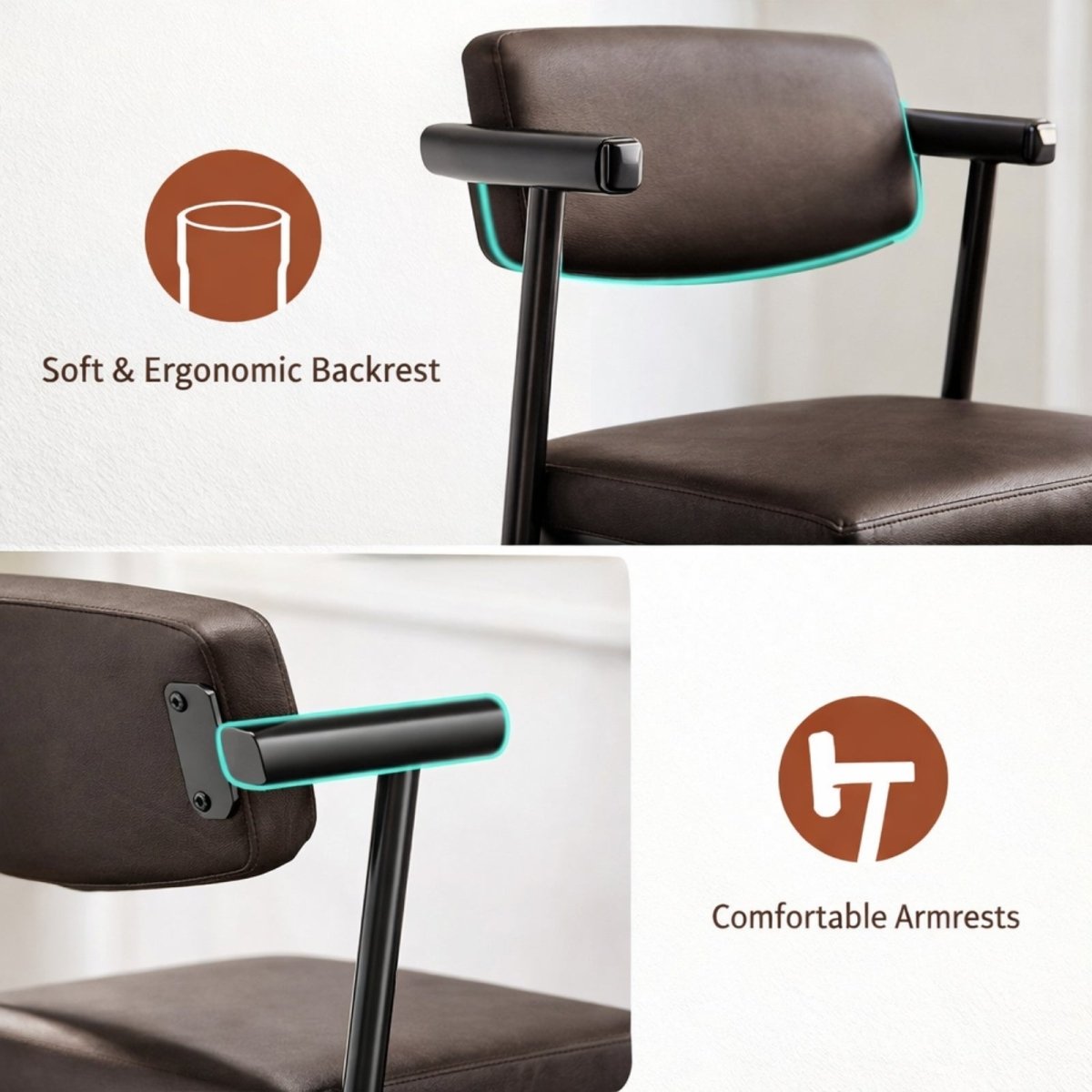Detail shots of the Kouvr counter stool highlighting the soft, ergonomic backrest and comfortable, rounded armrests for superior support.
