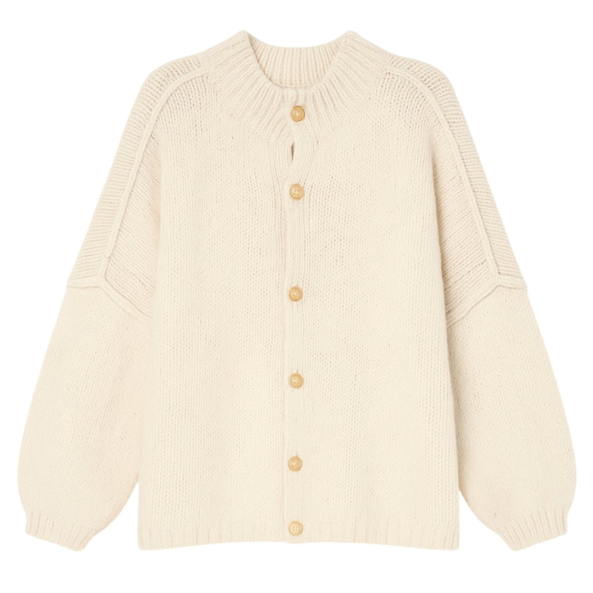Flatlay of the Kouvr button-front chunky knit cardigan in cream, highlighting the natural horn buttons and knit texture.