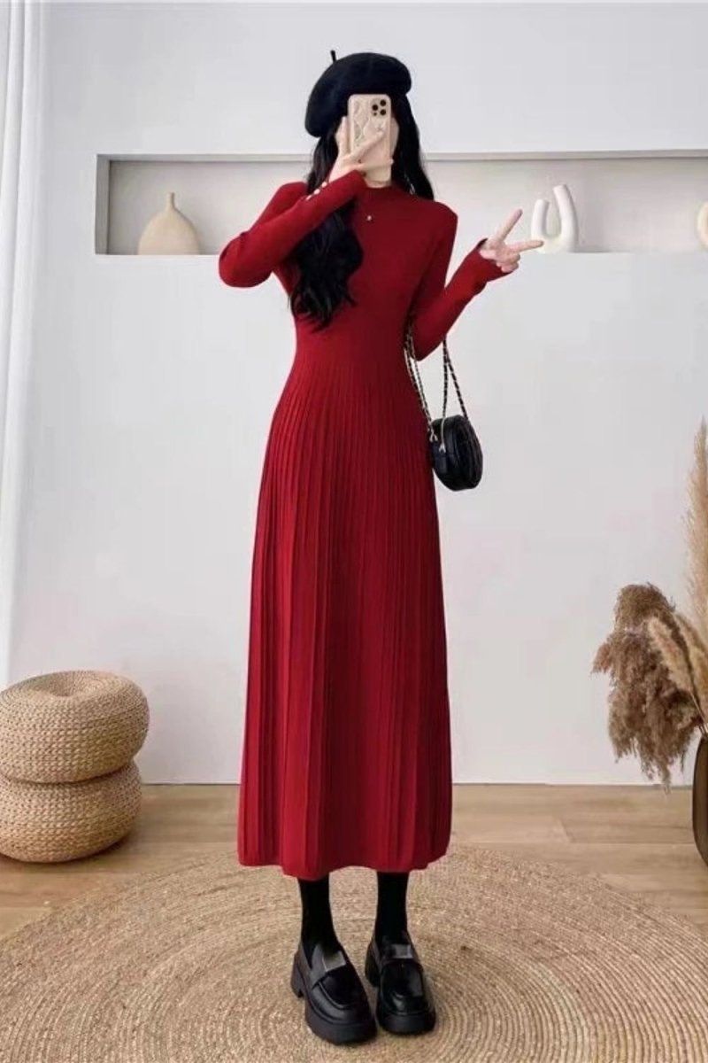 Holiday party dress, women's fall dress, mock neck dress, dress with pearl buttons, sophisticated red dress, luxury knitwear, Parisian style.