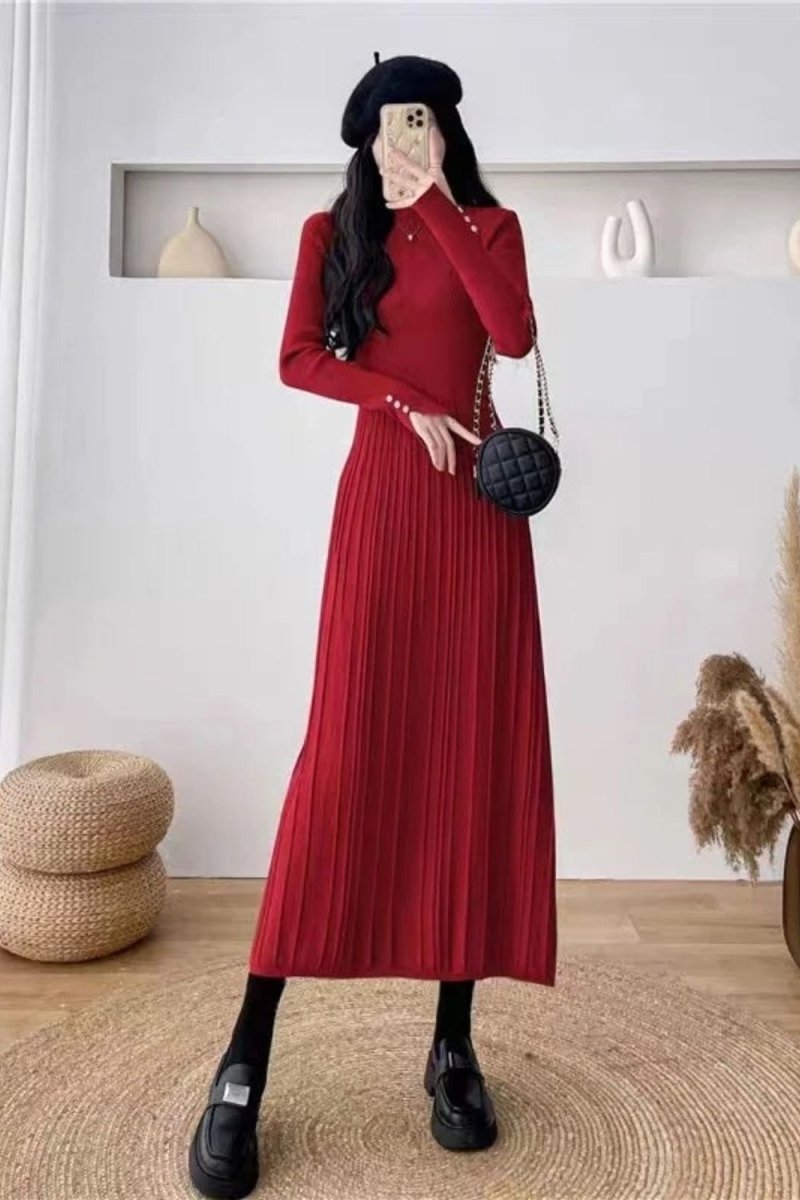 Holiday party dress, women's fall dress, mock neck dress, dress with pearl buttons, sophisticated red dress, luxury knitwear, Parisian style.