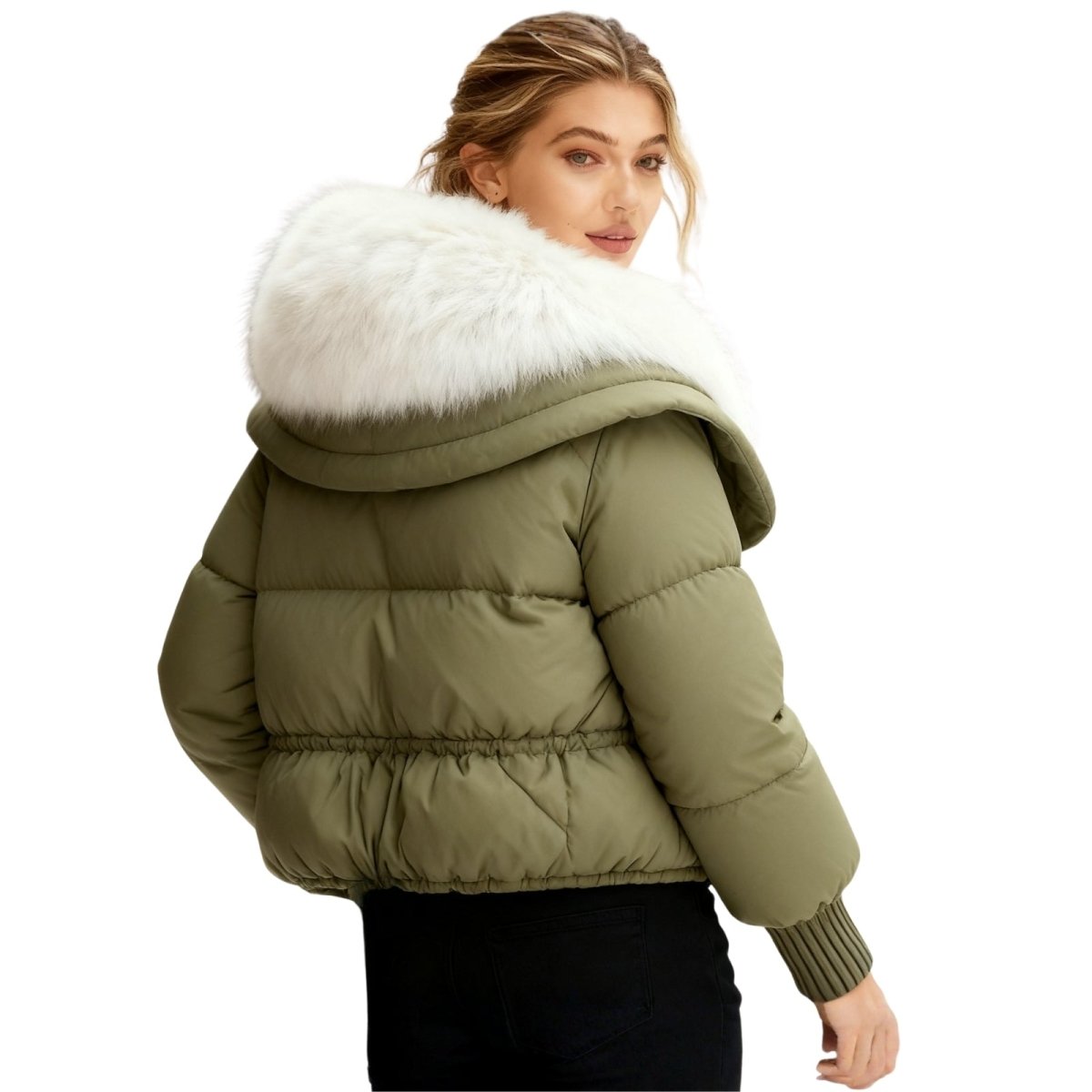 Green Kouvr puffer jacket with white fur hood worn by a model on a white background