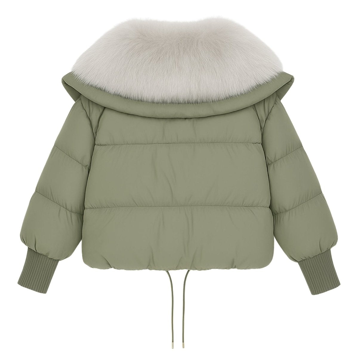 Green Kouvr puffer jacket with white fur hood on a white background
