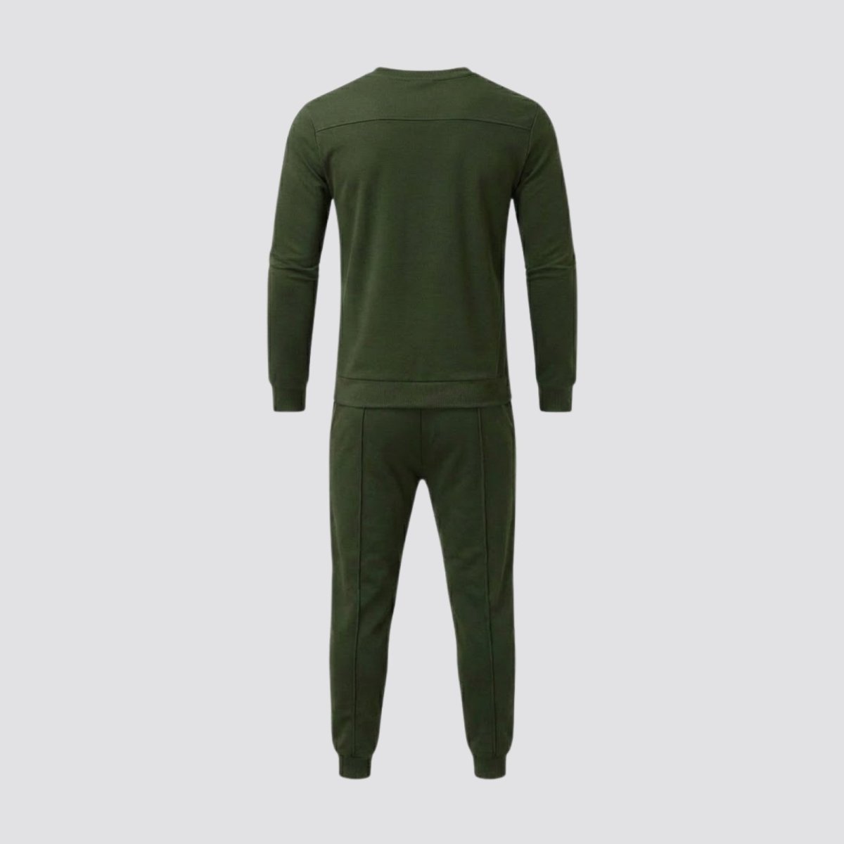 Flat lay of the back of the army green crewneck sweatshirt and jogger pants from the Kouvr Crue Lounge Set.