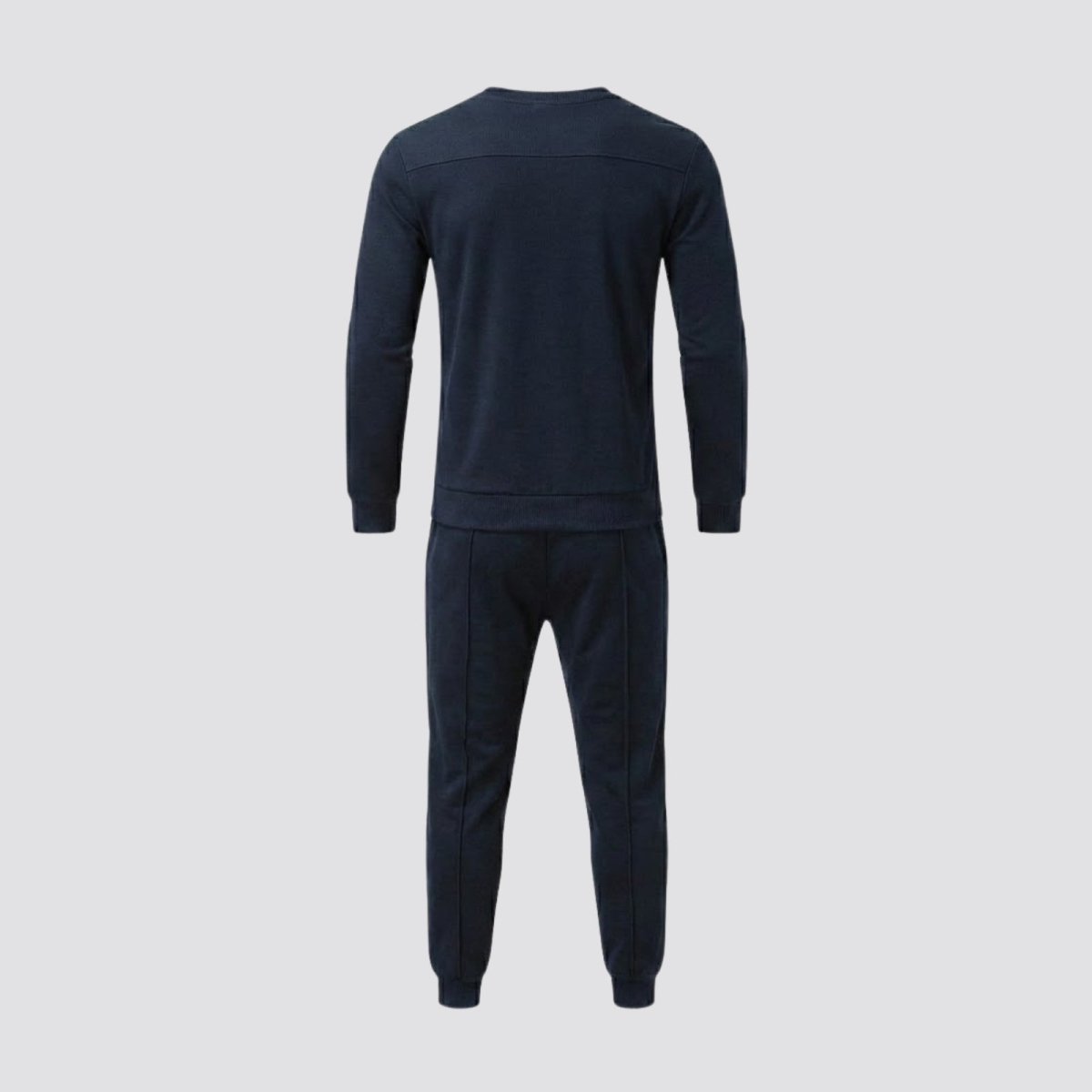 Back view of the Kouvr Crue navy crewneck sweatshirt and matching jogger pants laid flat.