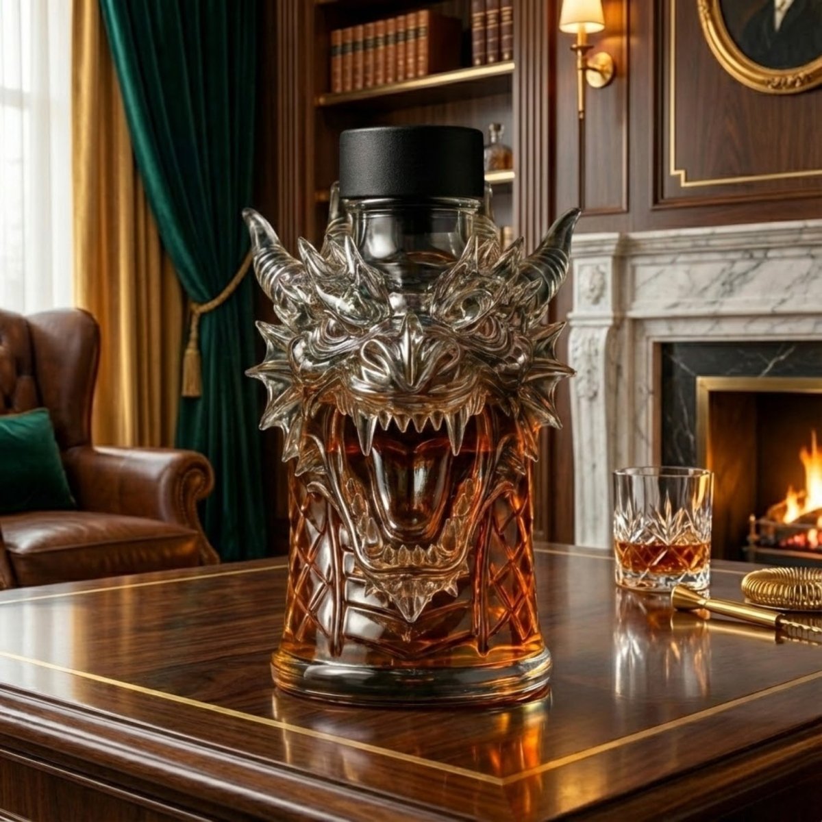 Front-facing view of the intricate crystal dragon whiskey decanter, showcasing its detailed teeth and horns, with a fireplace in the background.