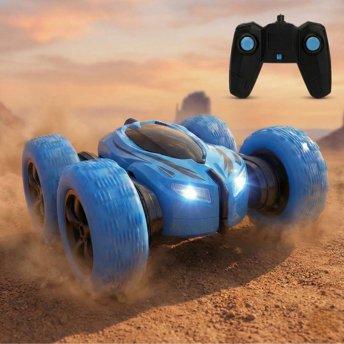 The blue Kouvr Cyclone remote control stunt car kicking up dust on a dirt track, with its bright LED headlights on.
