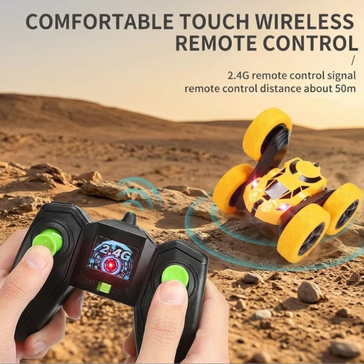 Infographic demonstrating the Kouvr RC stunt car's ability to flip 180 degrees and continue driving on its other side.