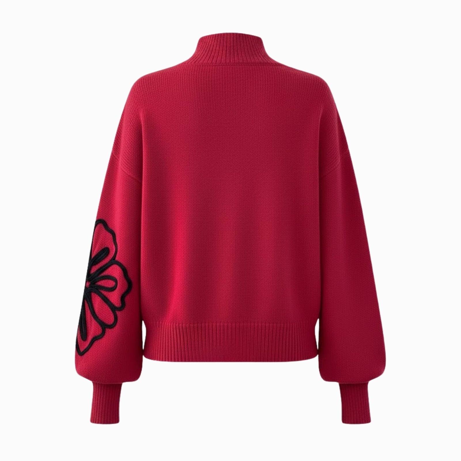 Flatlay back view of the Kouvr red wool and cashmere sweater, displaying the clean design and quality knit construction.
