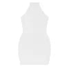 Model wearing the Kouvr Cyrill form-fitting white ribbed halter dress from the back