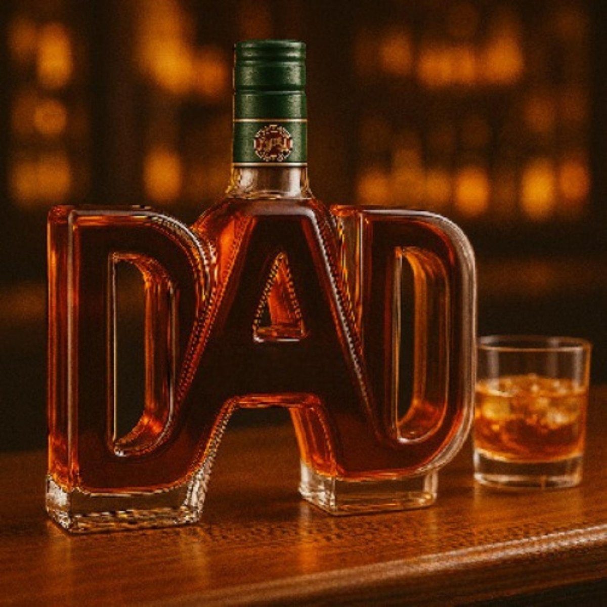 Front view of the Kouvr DAD shaped glass decanter with a modern, simple emerald green stopper, ideal for a dad with classic taste.