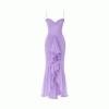 Light purple kouvr evening gown with ruffled details on a white background