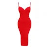 Model wearing Kouvr Fashion's dana red ruched midi dress with low back detail