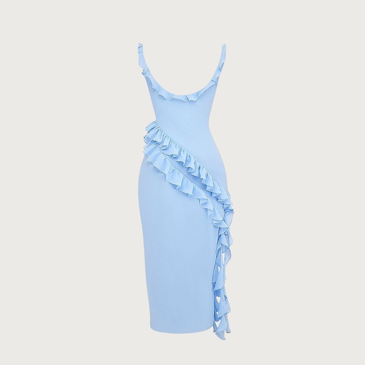 Blue Kouvr dress with ruffled details on a light gray background