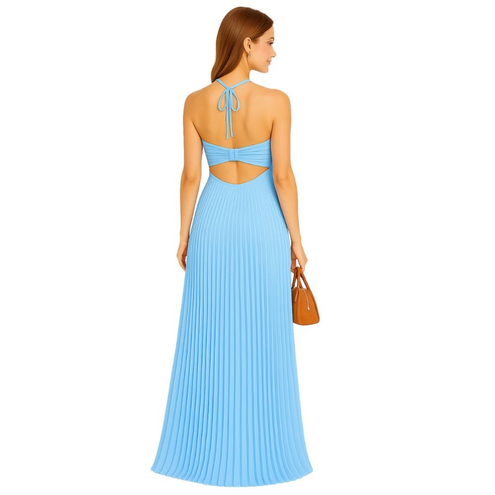 Model wearing Kouvr Fashion Daphne Gown in a blue silk with a cowl neck