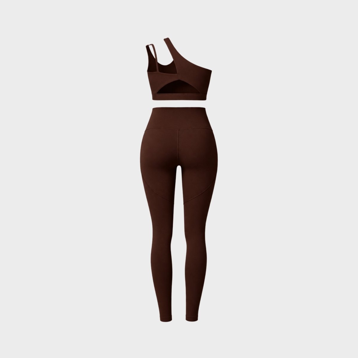 Ghost mannequin back view of the matching dark brown fitness set detailing the supportive back strap and v-shape contour stitching.