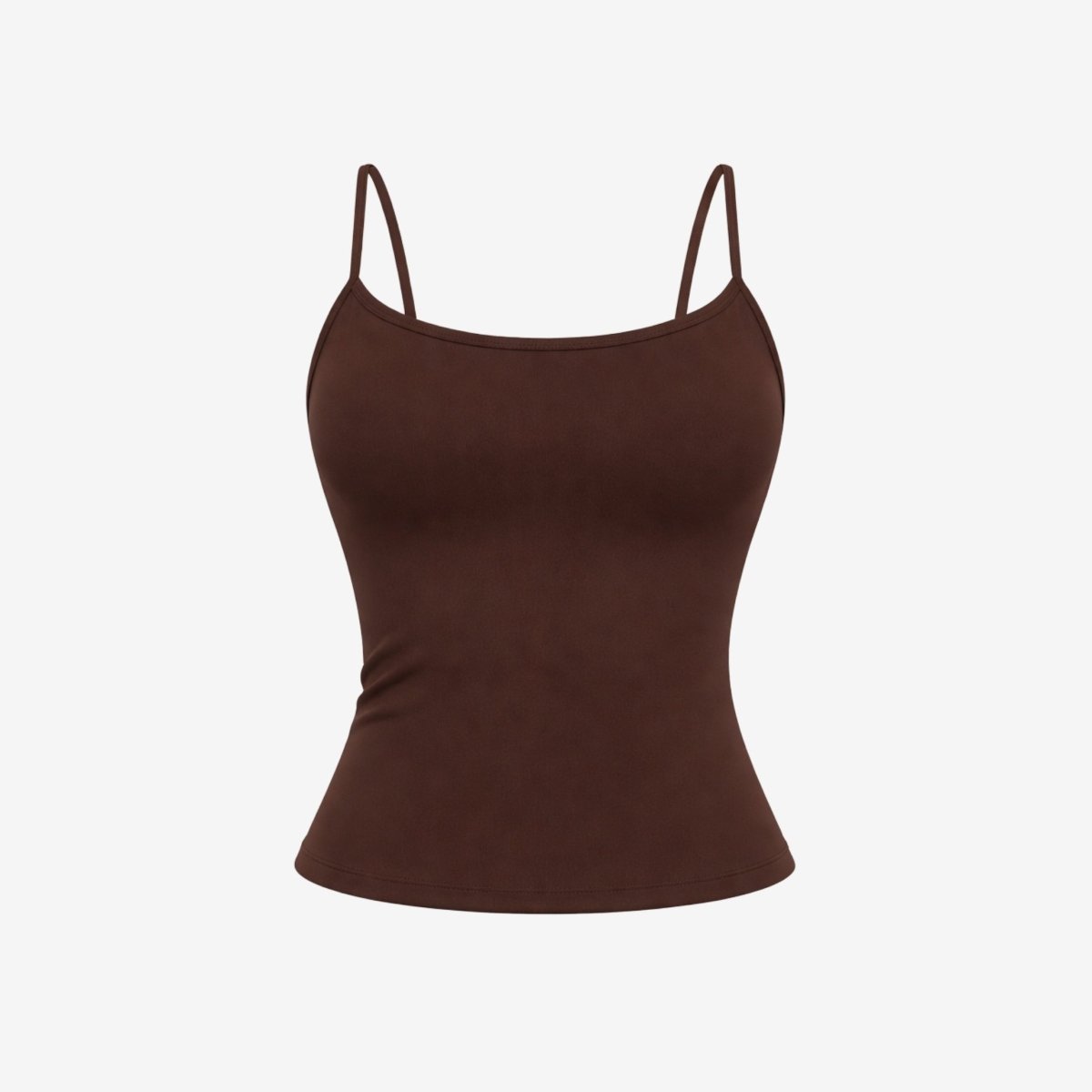 Flat lay product shot of Kouvr dark brown scoop neck cami showing thin straps and sleek fabric