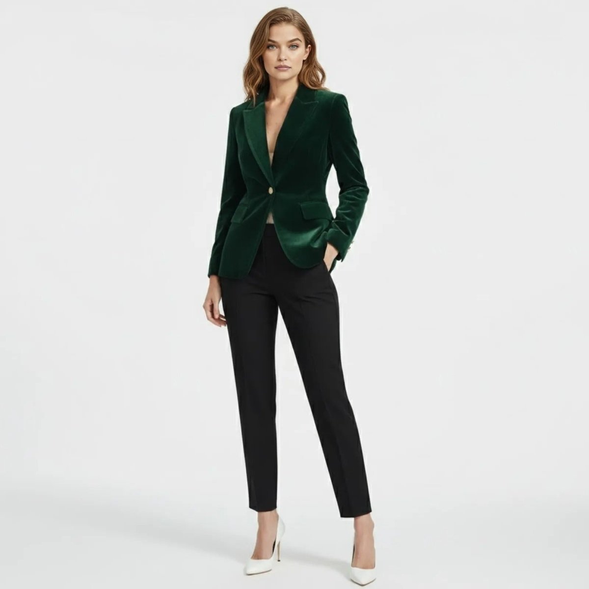 Full-length view of a female model wearing the Kouvr dark green velvet blazer with black tailored trousers and white heels against a white background.