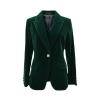 Product flat lay of the Kouvr dark green velvet blazer showing the single gold button closure, notched lapels, and rich velvet texture.