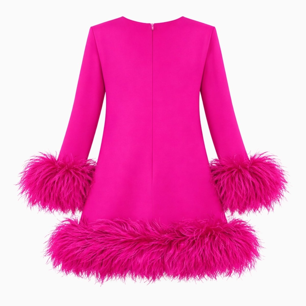Product flatlay of the back of a dark pink long sleeve dress showing the concealed zipper and feather details.