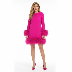 Feather Trim Mini Dress Long Sleeve Cocktail Party Dress | Ostrich Feather Cuff Shift Dress for Women Evening Holiday Wedding Guest by Kouvr Fashion Feather Trim Mini Dress Long Sleeve Cocktail Party Dress | Ostrich Feather Cuff Shift Dress for Women Evening Holiday Wedding Guest by Kouvr Fashion