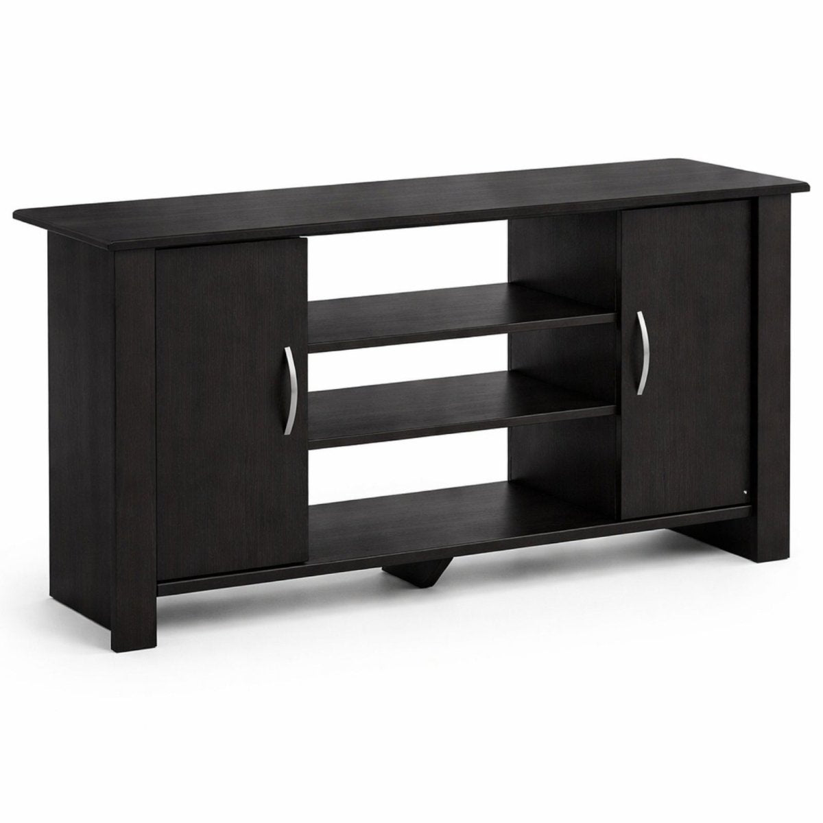 A studio product shot of the Kouvr dark wood entertainment center with two cabinets and three open shelves, shown on a white background.