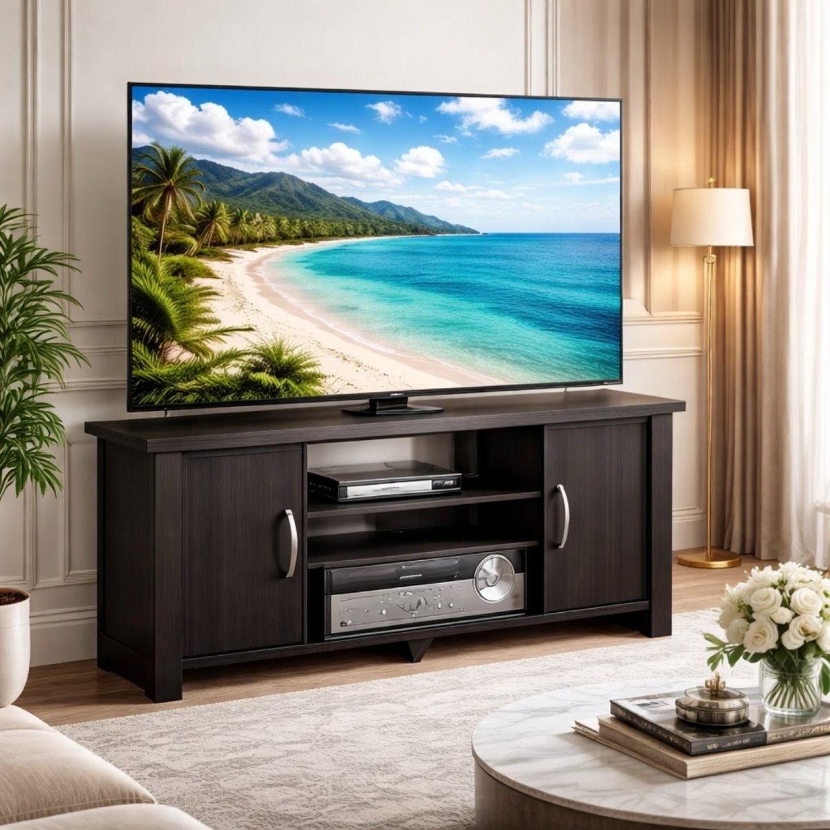 Kouvr dark wood media console in a bright living room, holding a large TV displaying a tropical beach scene.