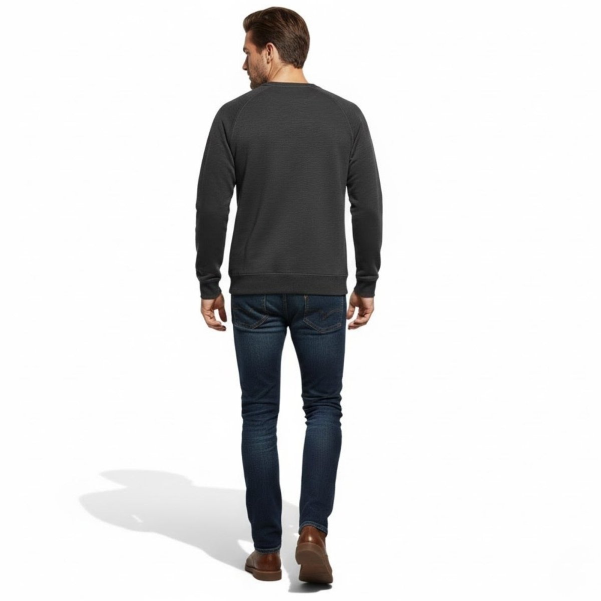 Back view of the men's Kouvr Deacon Crewneck Sweatshirt in dark grey, showcasing the tailored fit.
