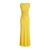 Flat lay product image of the front of a sleeveless yellow bodycon midi dress with asymmetrical sheer lace inserts at the waist.