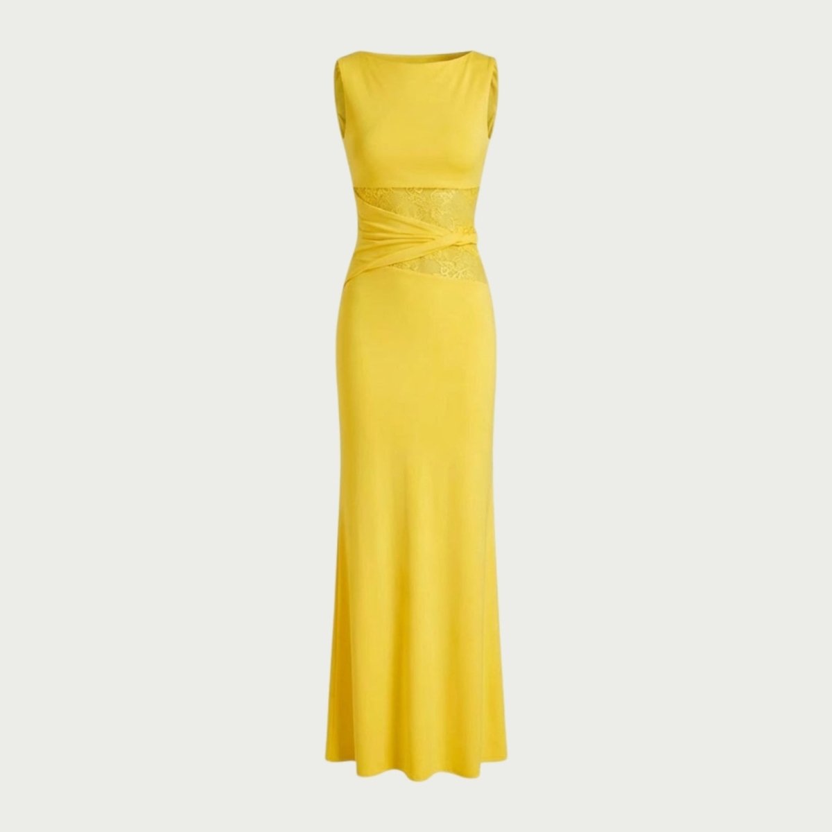 Flat lay product image of the front of a sleeveless yellow bodycon midi dress with asymmetrical sheer lace inserts at the waist.