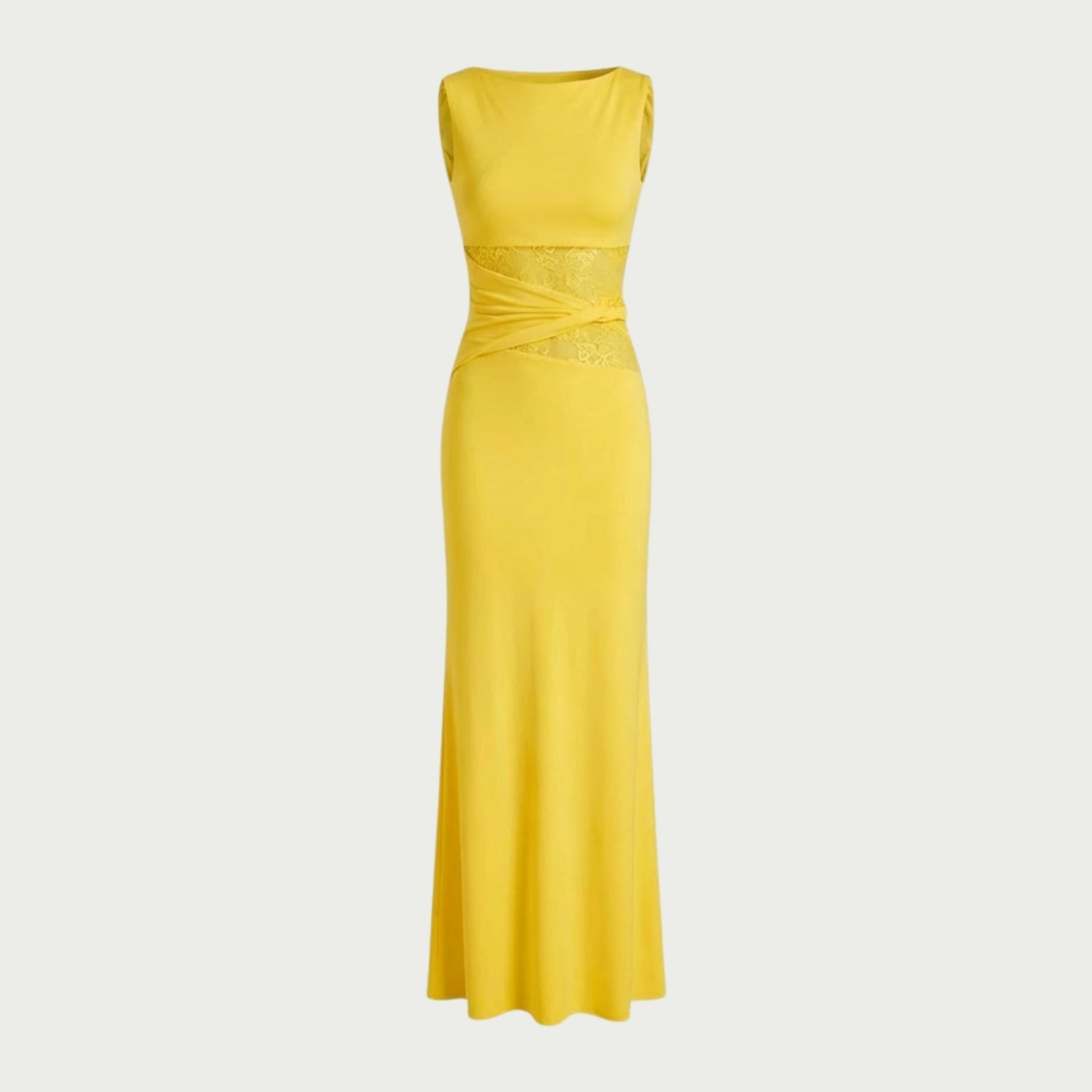 Flat lay product image of the front of a sleeveless yellow bodycon midi dress with asymmetrical sheer lace inserts at the waist.