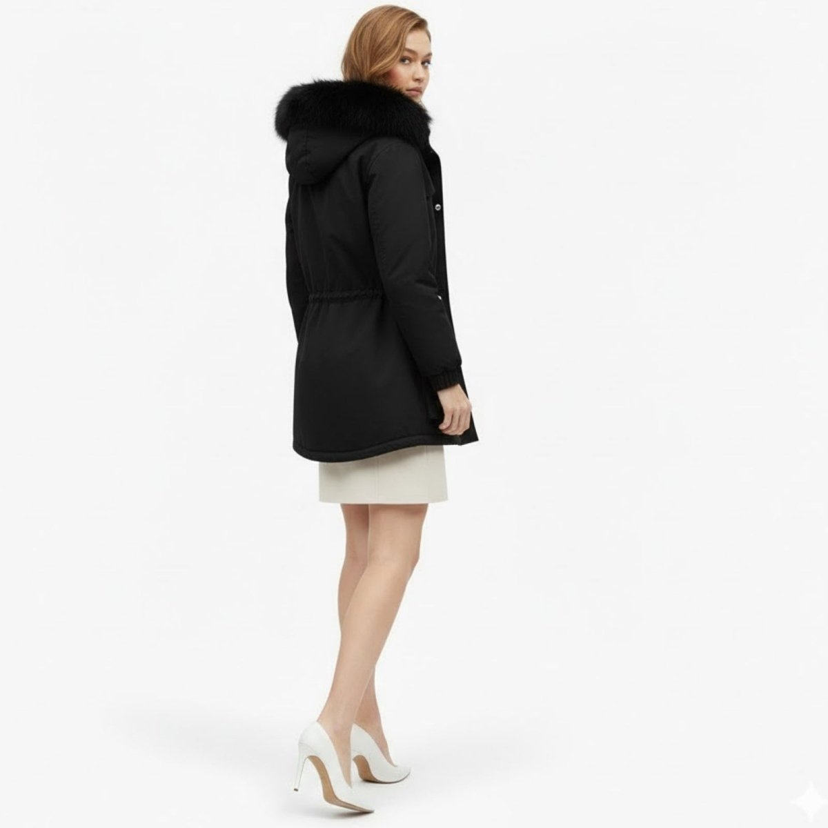 Back view of the Kouvr Fashion Debra Parka in black, showing the shape of the hood and the adjustable drawstring detail at the waist.
