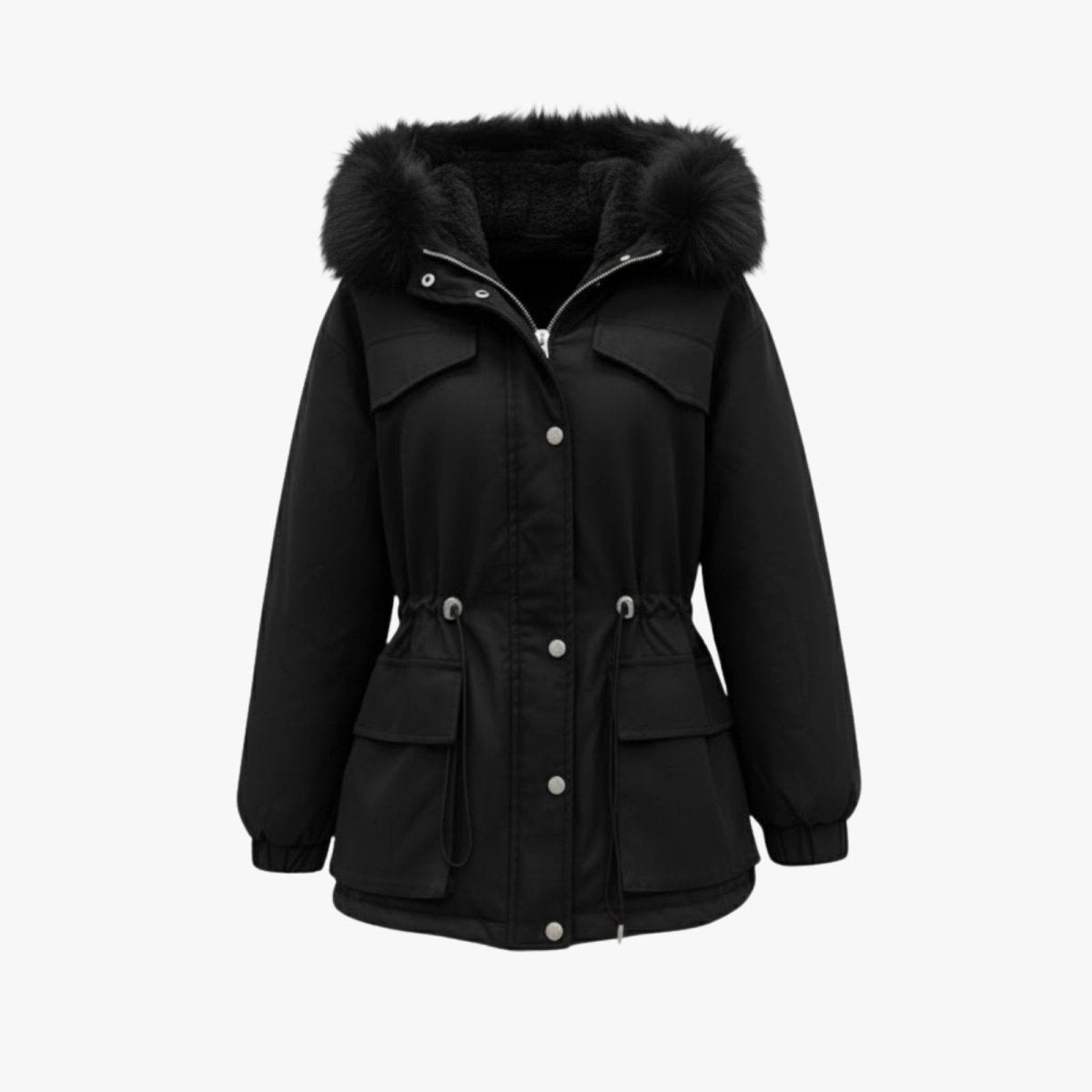 Flat product shot of the front of the Kouvr Debra Parka, detailing the four-pocket design, snap buttons, and adjustable waist toggles against a white background.