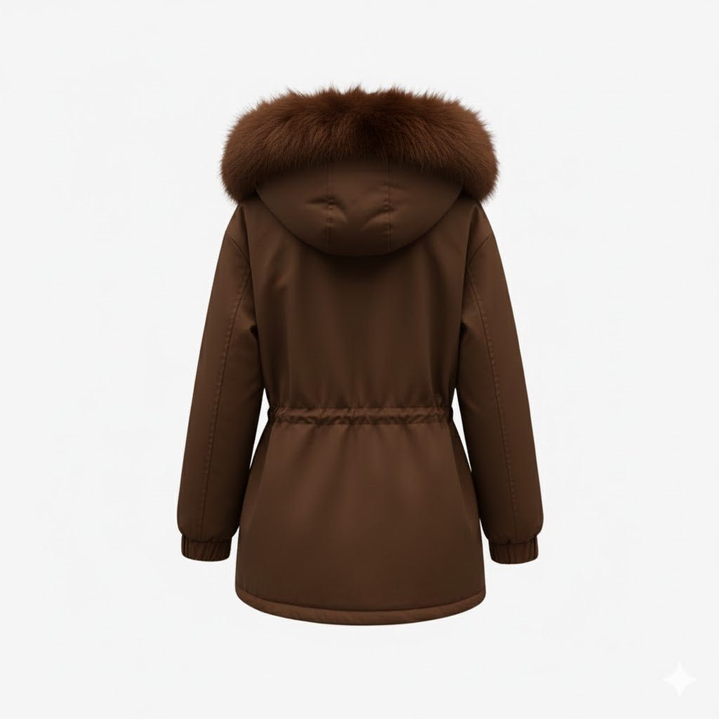 Product-only shot of the back of the Kouvr Debra brown parka, showing the hood and waist construction.