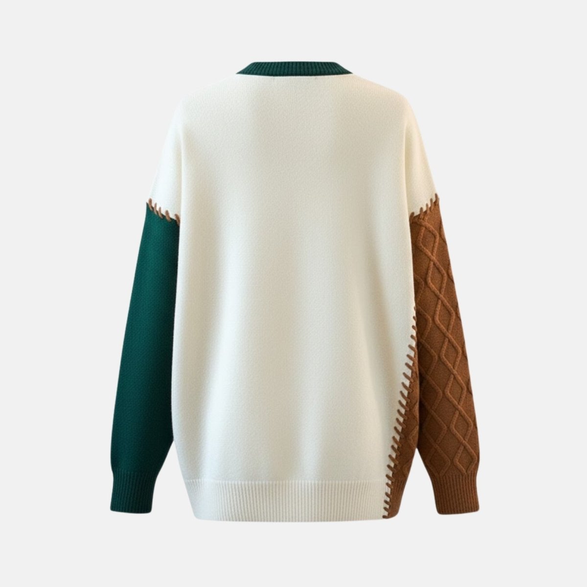 Product shot of the back of the Kouvr patchwork sweater, displaying the solid green and brown sleeves against the ivory torso.
