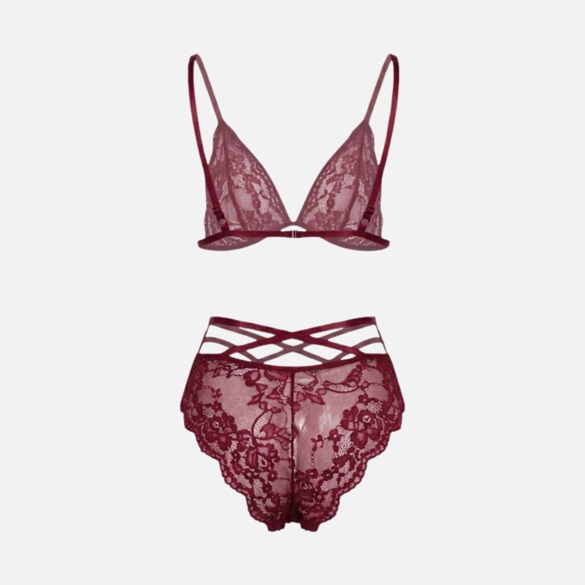 Back view flat lay of the Kouvr Desiree wine red lingerie set, detailing the adjustable straps and sheer lace of the panty.