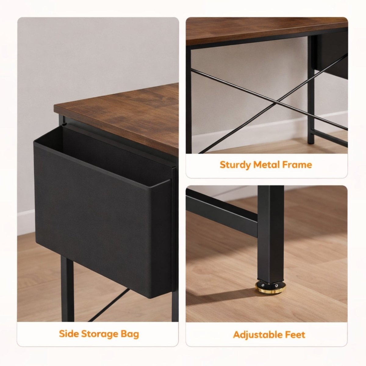 Detail shots of the Kouvr L-shaped desk showing the side storage bag, the sturdy metal frame with cross-bracing, and the adjustable feet for stability.