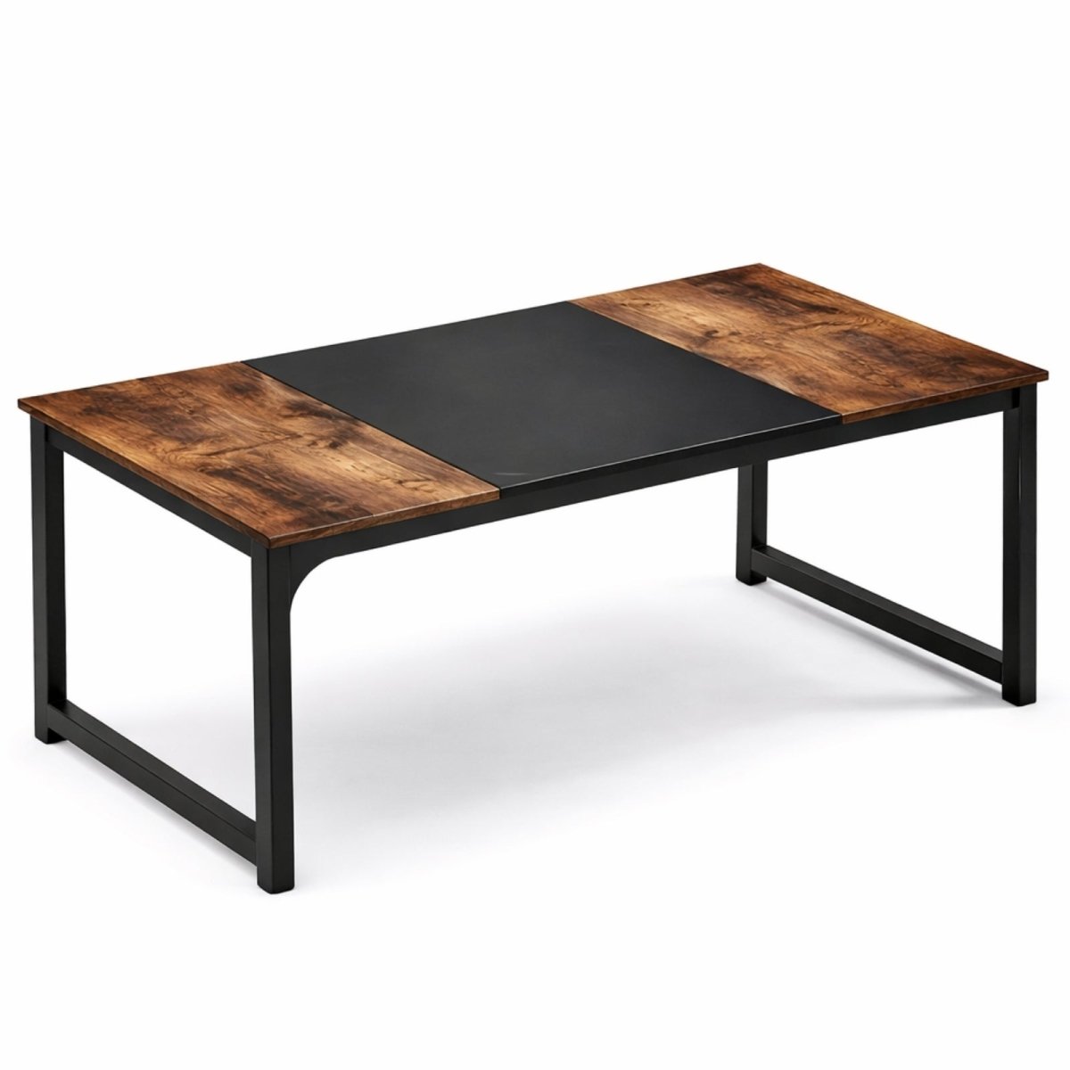 Studio shot of the Kouvr 71-inch desk on a white background, highlighting the dark wood grain and central black writing pad.