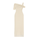 Naturally include related terms like `sculptural silhouette`, `figure-hugging`, `single sleeve gown`, `elegant formalwear`, and `resort evening dress