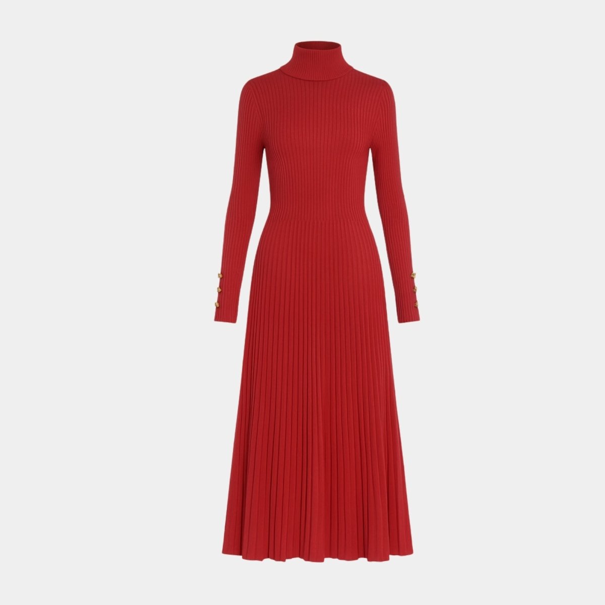 Front view of the Kouvr Dianne red ribbed knit turtleneck dress with detailed view of the gold buttons on the long sleeve cuffs.