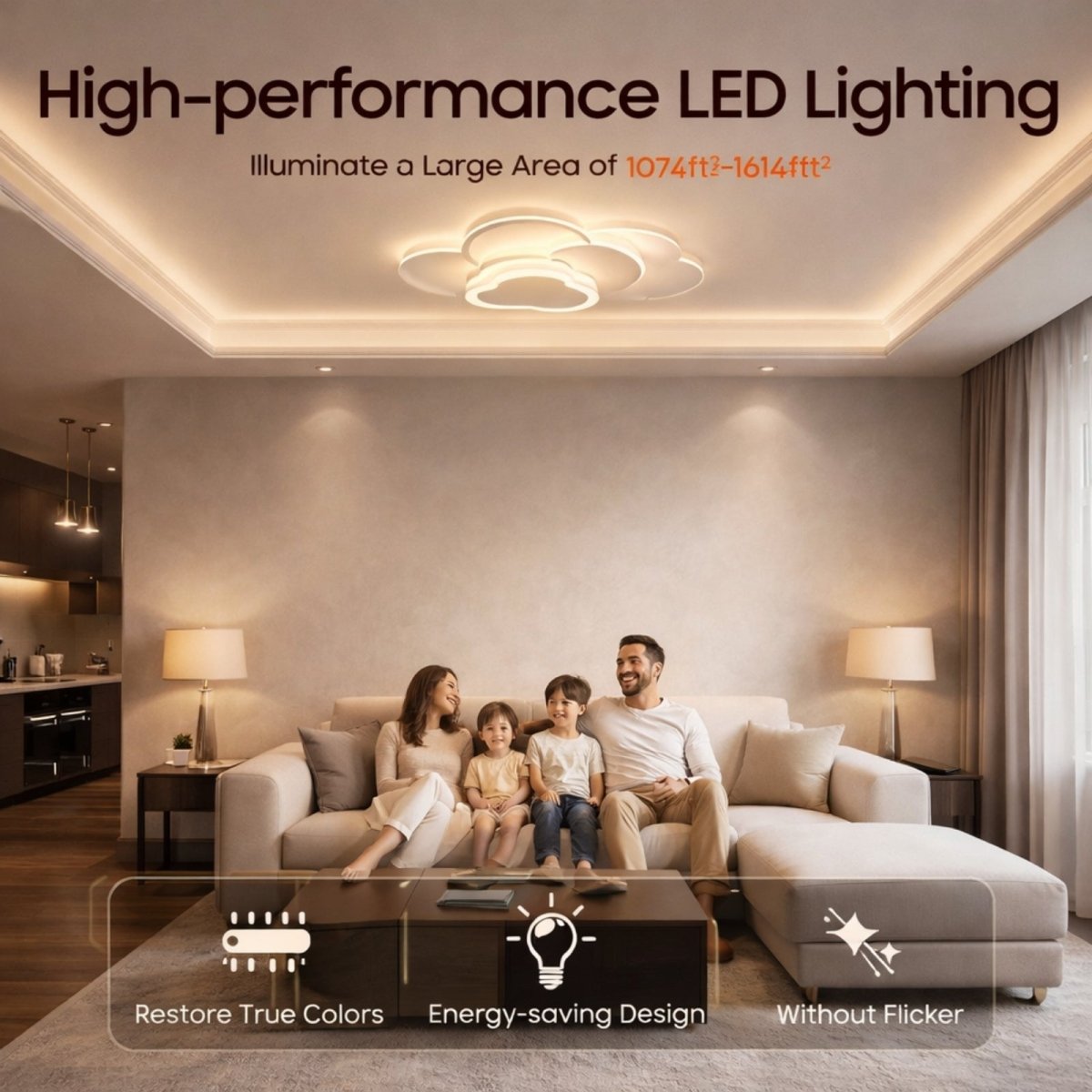 Family sitting on a sofa under a warm white cloud ceiling light, showcasing high-performance LED lighting without flicker.