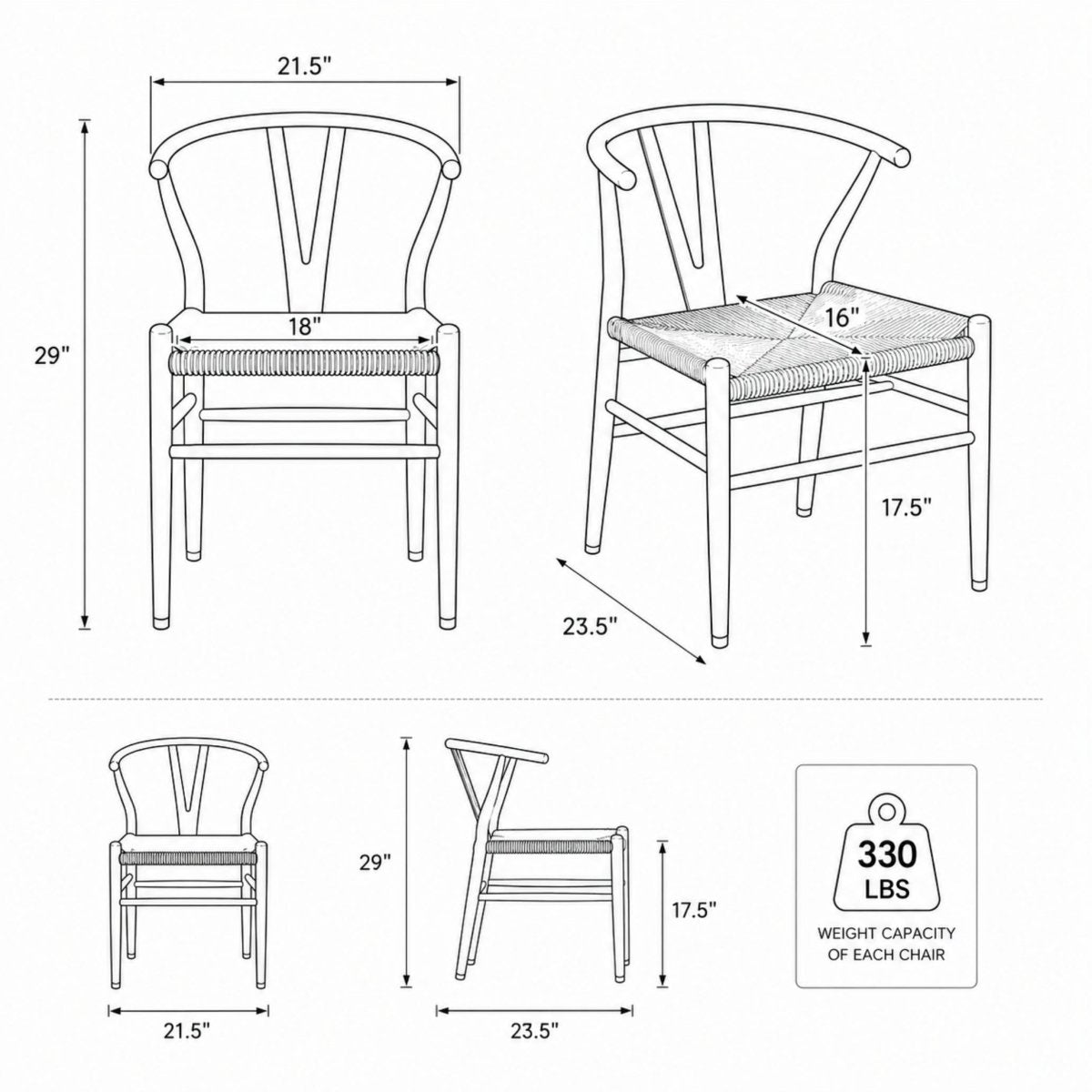 Technical schematic diagram showing exact dimensions of the Y-back dining chair including 29 inch height, 21.5 inch width, and 330 lbs weight capacity rating.