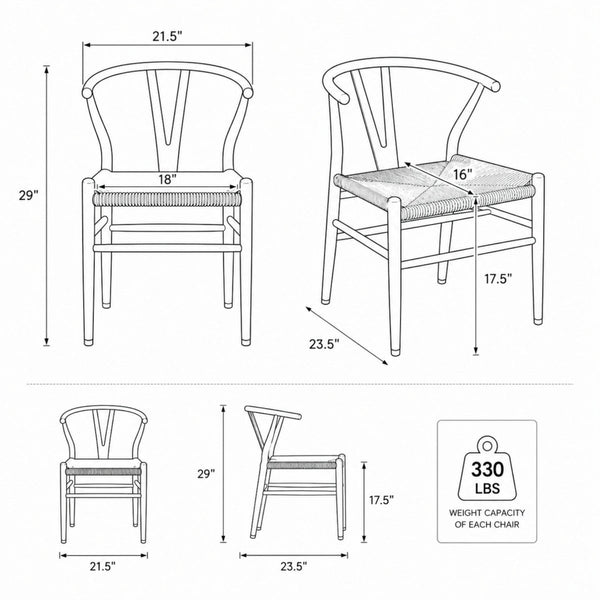 Technical schematic diagram showing exact dimensions of the Y-back dining chair including 29 inch height, 21.5 inch width, and 330 lbs weight capacity rating.