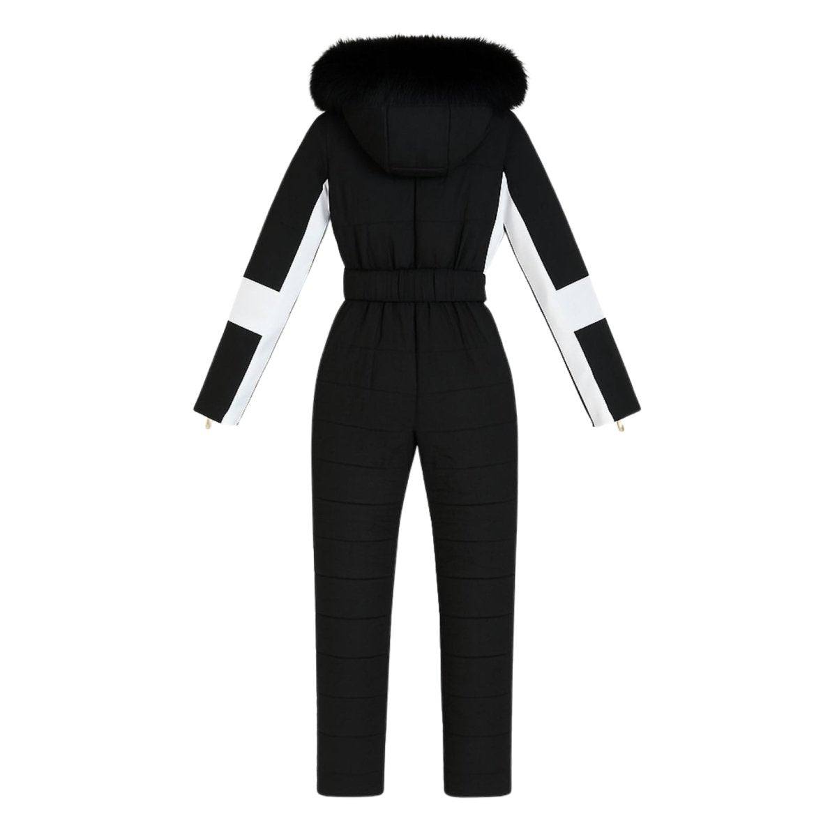 Black and white Kouvr jumpsuit with a hood on a white background