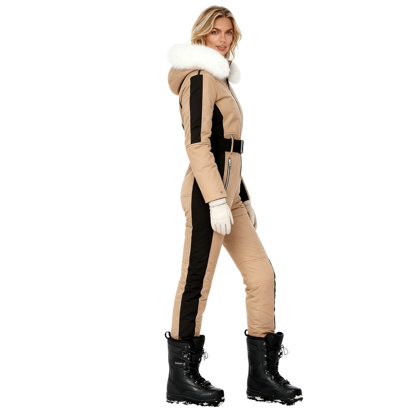 Person wearing a khaki and black kouvr snowsuit with white fur trim on a white background
