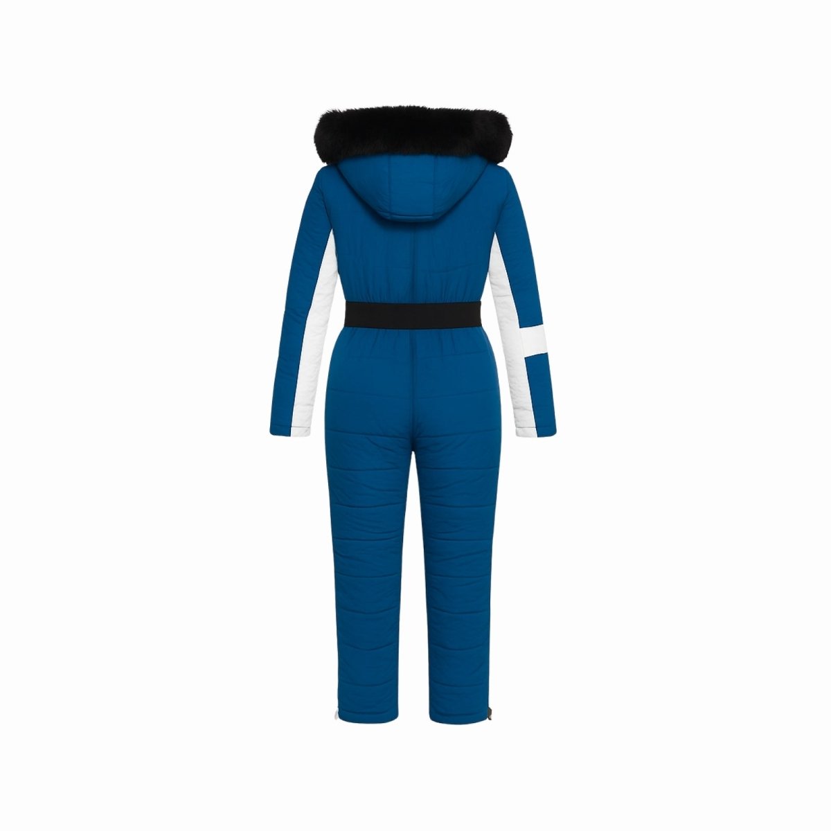 Back of the Kouvr Fashion blue ski suit for women, displaying the quilted texture and hooded design.