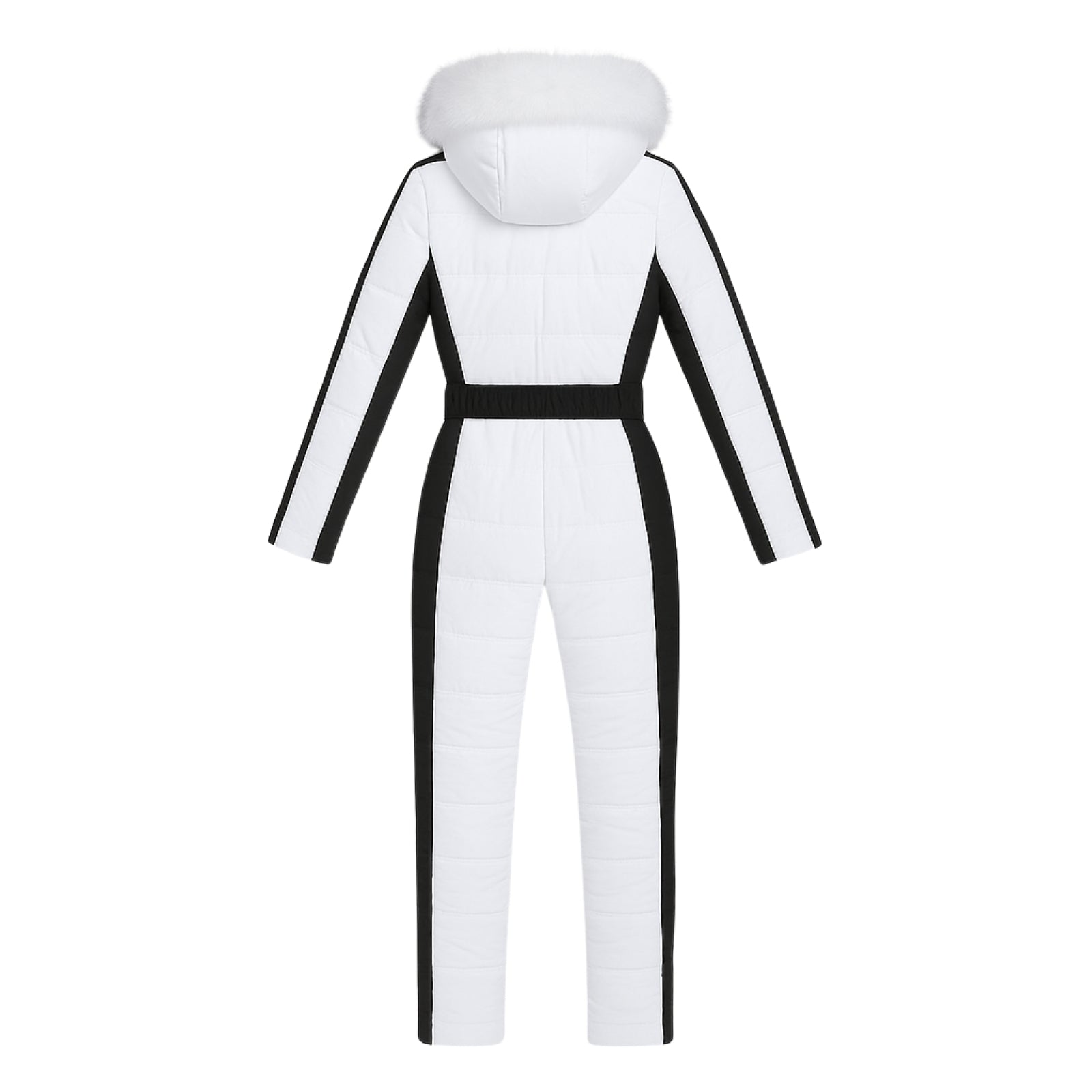 White Kouvr jumpsuit with black accents on a white background