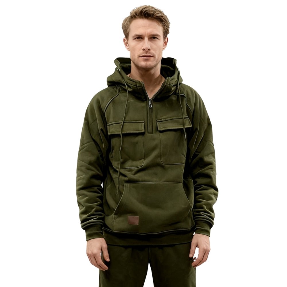 men's luxury hoodie", "designer utility hoodie", "heavyweight half-zip pullover", and "olive green tactical hoodie