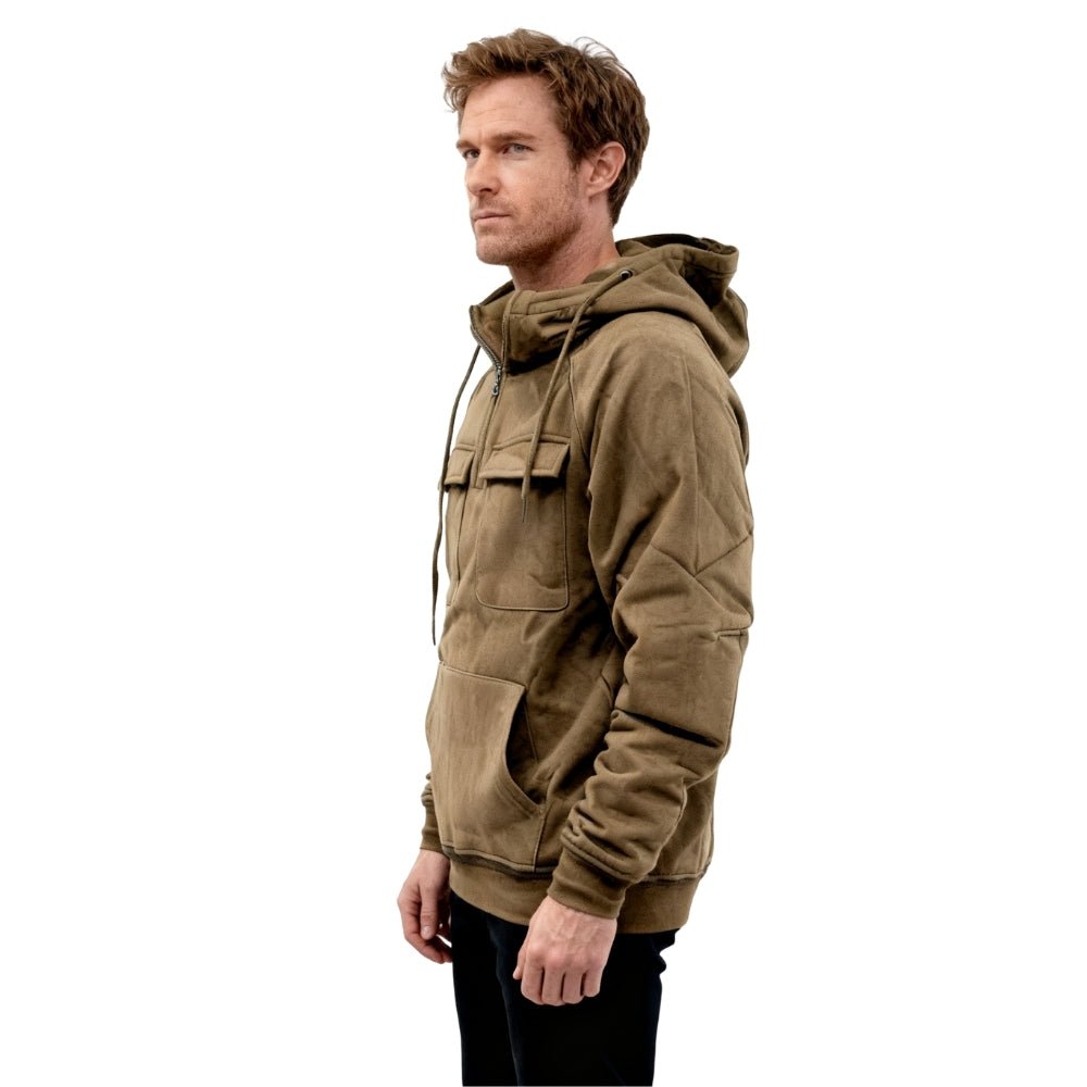 military-inspired sweatshirt," "rugged streetwear," "functional gorpcore," "garment-dyed cotton," "men's cargo hoodie," "premium casualwear.